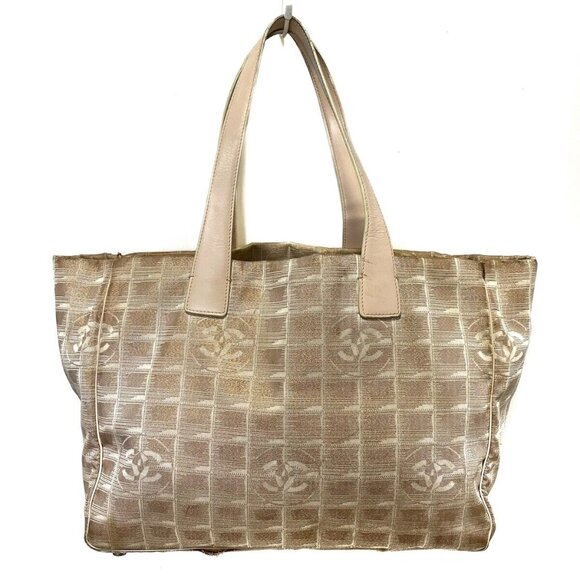Auth CHANEL New Travel Line Tote MM - Pink Cream Nylon Jacquard Leather Tote Bag - Picture 1 of 9